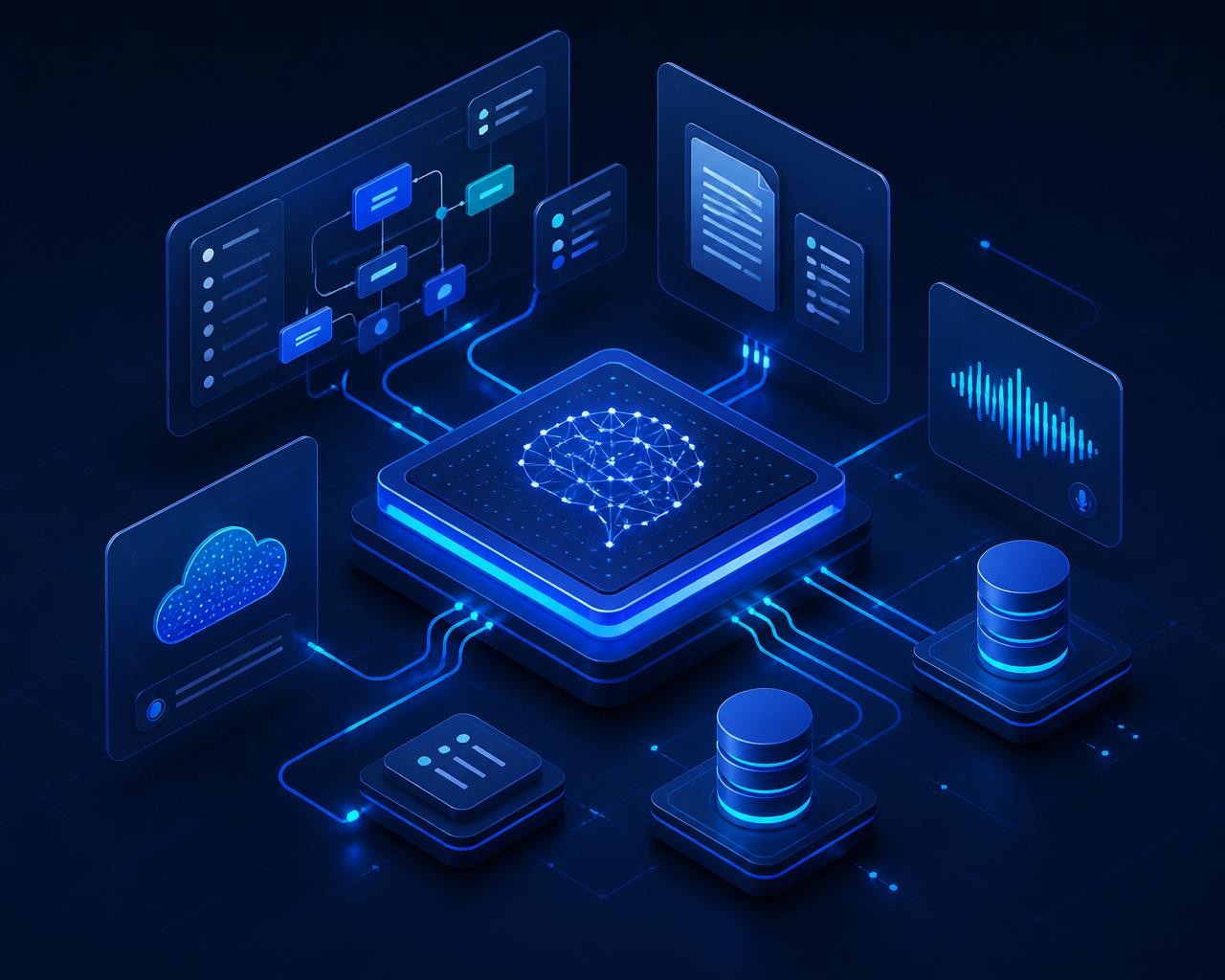 Isometric illustration of Novexa AI connecting workflows, documents, voice and databases